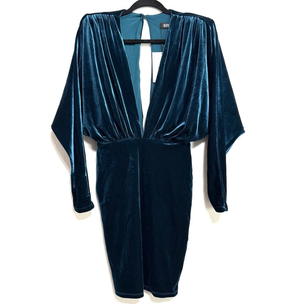 NOOKIE Rumi Suede Mini Dress Large Teal Deep V-Neck Pleated Shoulder Pads NWT